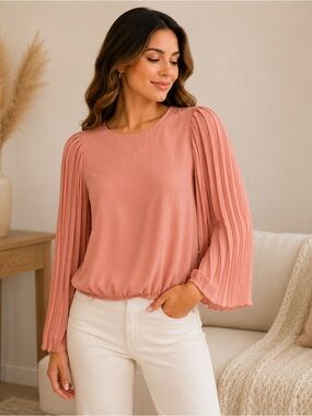 Vertiche Blush Pink Pleated Sleeve Blouse Elastic Hem Size Large